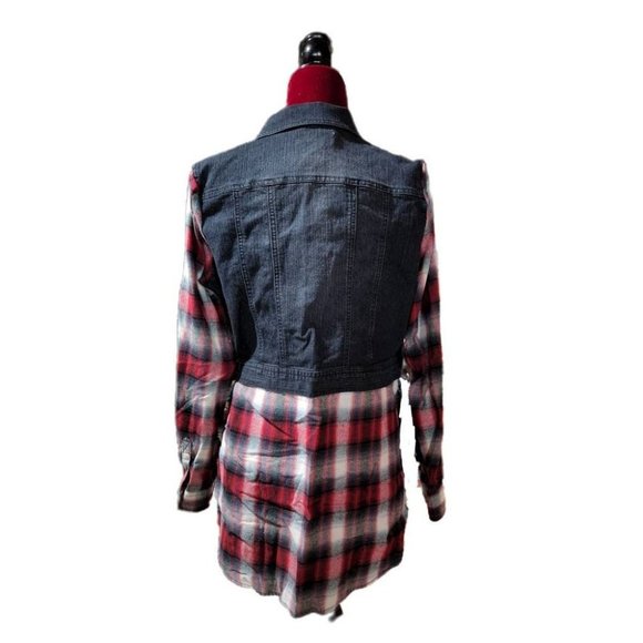 Upcycled Denim Jacket*Recycle Jean Jacket*Large*Upcycled Jean Plaid Flannel Jack - Picture 2 of 7